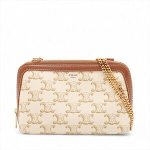 Celine Triomphe leather chain shoulder bag beige